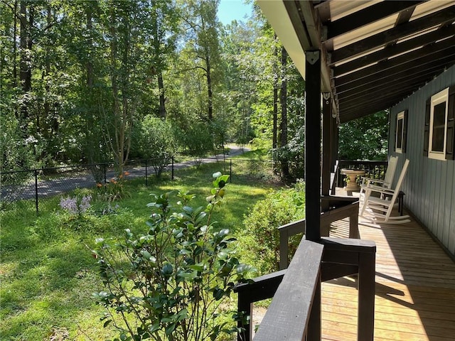 fenced backyard with a wooden deck