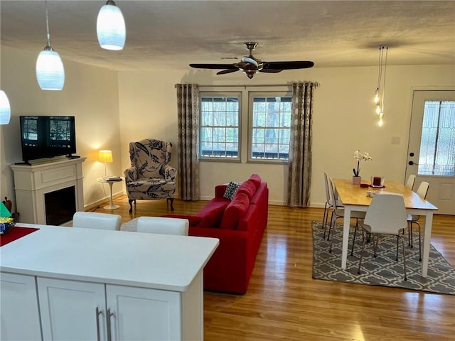 living room with wood finished floors, a ceiling fan, a fireplace, and baseboards