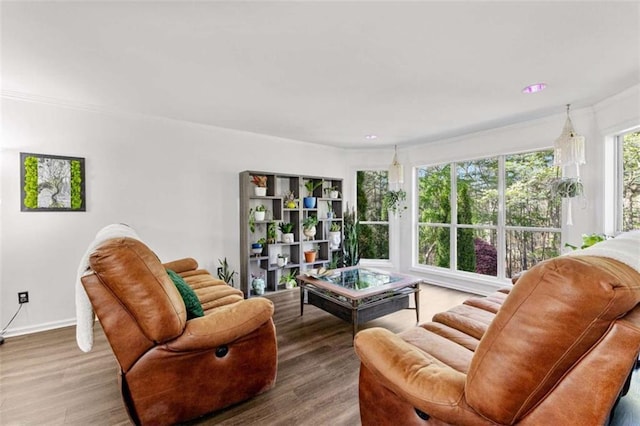 living area with wood finished floors and baseboards