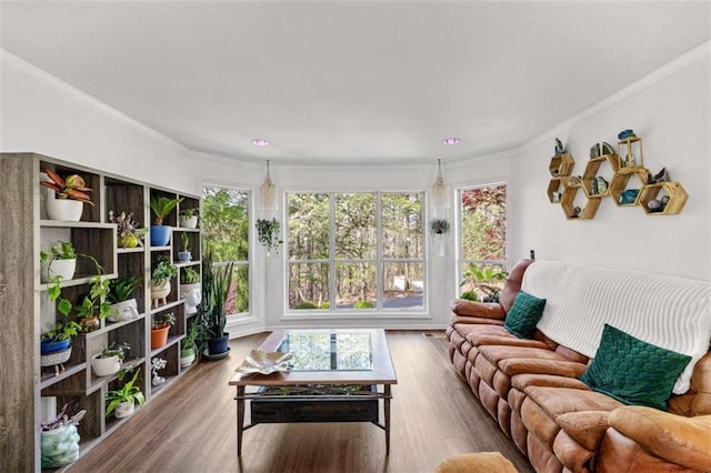 living area with ornamental molding and wood finished floors