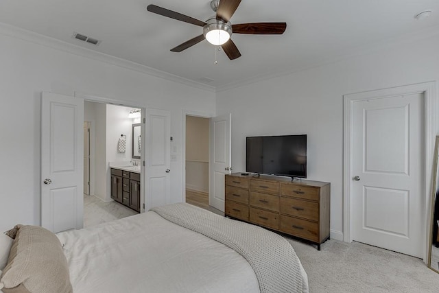 1117 Larkin Dr, Buford, GA 30518 - bedroom with ornamental molding, baseboards, a sink, a ceiling fan, and connected bathroom