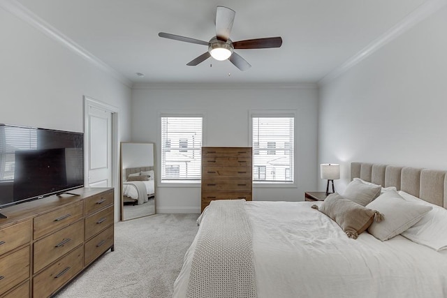 1117 Larkin Dr, Buford, GA 30518 - bedroom with light colored carpet, crown molding, a ceiling fan, and baseboards