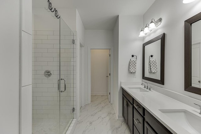 1117 Larkin Dr, Buford, GA 30518 - full bathroom featuring marble finish flooring, a stall shower, double vanity, and baseboards