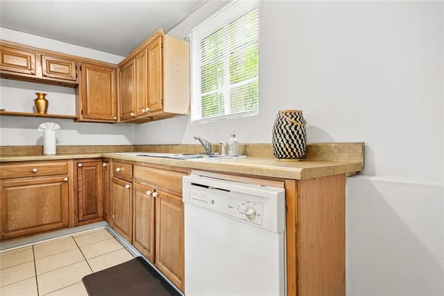 210 Estoria St SE, Atlanta, GA 30316 - kitchen with white dishwasher, a sink, open shelves, light tile patterned floors, and light countertops