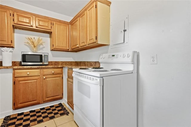 210 Estoria St SE, Atlanta, GA 30316 - kitchen with white electric range, stainless steel microwave, electric panel, and light tile patterned floors