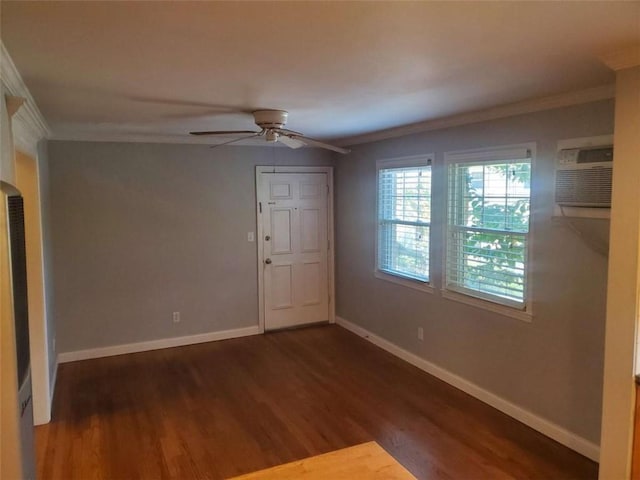 unfurnished room with wood finished floors, baseboards, ceiling fan, a wall mounted air conditioner, and crown molding