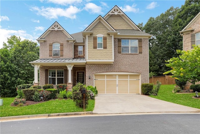 1105 Sterling Brooke Dr, Alpharetta, GA 30022 - craftsman-style house featuring an attached garage, concrete driveway, brick siding, and covered porch