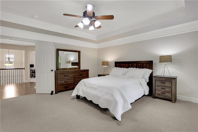 1105 Sterling Brooke Dr, Alpharetta, GA 30022 - bedroom featuring light carpet, ornamental molding, a raised ceiling, and ceiling fan
