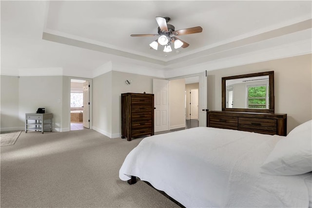 1105 Sterling Brooke Dr, Alpharetta, GA 30022 - bedroom with a raised ceiling, crown molding, light carpet, and ceiling fan