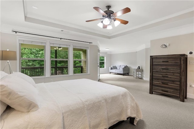 1105 Sterling Brooke Dr, Alpharetta, GA 30022 - carpeted bedroom with a raised ceiling, ornamental molding, and a ceiling fan