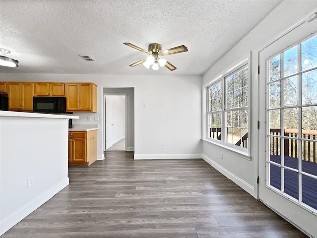 kitchen with a textured ceiling, dark hardwood / wood-style floors, and ceiling fan