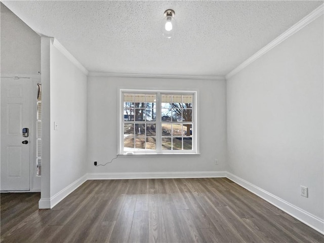 interior space featuring ornamental molding, a textured ceiling, and dark hardwood / wood-style flooring