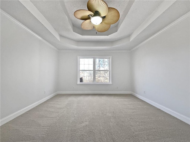 empty room featuring carpet flooring and a raised ceiling