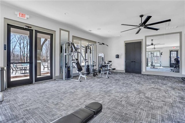 workout room with plenty of natural light, ceiling fan, and carpet floors