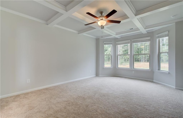 0 Cooper Cv E, Fayetteville, GA 30215 - carpeted empty room with coffered ceiling, baseboards, beamed ceiling, and a ceiling fan