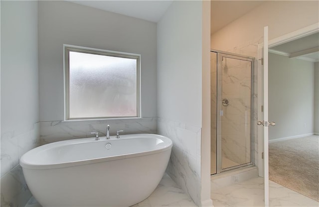 0 Cooper Cv E, Fayetteville, GA 30215 - bathroom featuring a freestanding tub, a stall shower, and marble finish floors