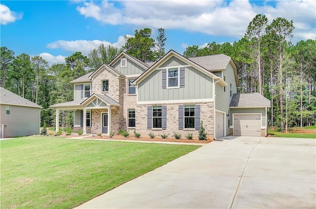 0 Cooper Cv E, Fayetteville, GA 30215 - craftsman house with board and batten siding, driveway, an attached garage, a front yard, and brick siding