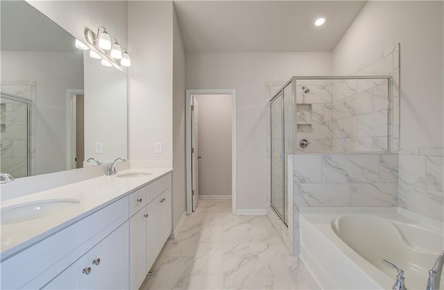 0 Cooper Cv E, Fayetteville, GA 30215 - bathroom with a bath, marble look tiles, a stall shower, double vanity, and recessed lighting