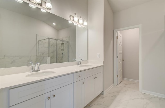 0 Cooper Cv E, Fayetteville, GA 30215 - full bath with marble look tile flooring, a marble finish shower, double vanity, and baseboards