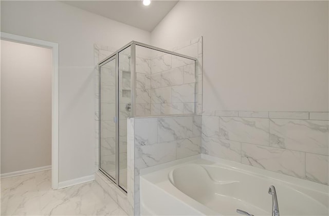 0 Cooper Cv E, Fayetteville, GA 30215 - full bathroom featuring a garden tub, a stall shower, baseboards, recessed lighting, and marble finish floors