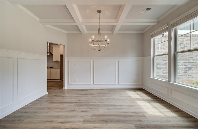 0 Cooper Cv E, Fayetteville, GA 30215 - unfurnished dining area featuring a decorative wall, a chandelier, beam ceiling, coffered ceiling, and light wood-style floors