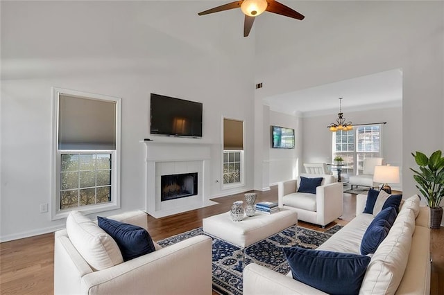 living room featuring a towering ceiling, wood-type flooring, a tiled fireplace, and ceiling fan with notable chandelier