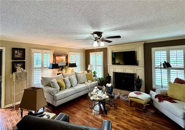 270 Owens Cir NE, Calhoun, GA 30701 - living room featuring ornamental molding, healthy amount of natural light, a fireplace, wood finished floors, and a textured ceiling