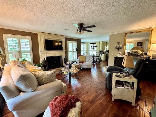 270 Owens Cir NE, Calhoun, GA 30701 - living room with crown molding, a large fireplace, a ceiling fan, dark wood-style flooring, and a textured ceiling
