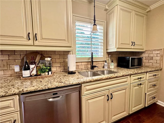 270 Owens Cir NE, Calhoun, GA 30701 - kitchen with stainless steel dishwasher, a sink, ornamental molding, cream cabinetry, and tasteful backsplash