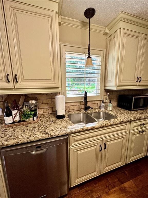 270 Owens Cir NE, Calhoun, GA 30701 - kitchen featuring dishwasher, a sink, black microwave, decorative backsplash, and cream cabinets