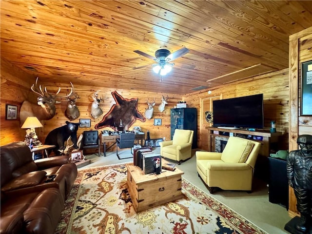 270 Owens Cir NE, Calhoun, GA 30701 - living room with wood ceiling, a ceiling fan, wooden walls, and attic access