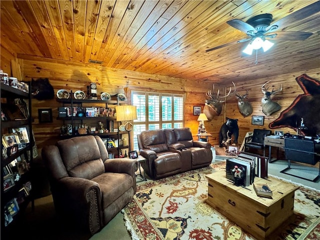 270 Owens Cir NE, Calhoun, GA 30701 - living room with a ceiling fan, wooden walls, and wood ceiling