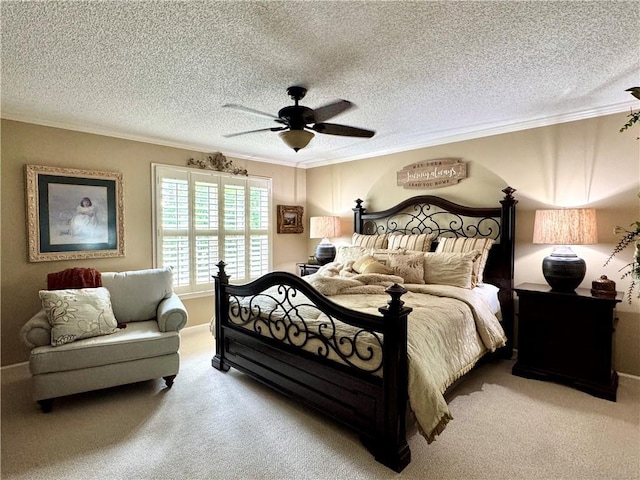 270 Owens Cir NE, Calhoun, GA 30701 - bedroom with ornamental molding, carpet floors, a textured ceiling, baseboards, and a ceiling fan