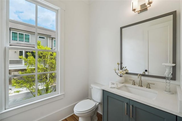 bathroom with toilet, vanity, and wood-type flooring