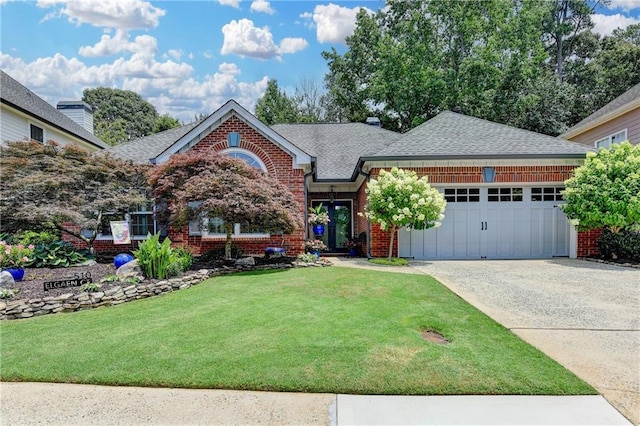 510 Elgaen Ct, Roswell, GA 30075 - view of front facade with brick siding, an attached garage, a shingled roof, a front lawn, and driveway
