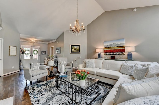 510 Elgaen Ct, Roswell, GA 30075 - living area with a chandelier, high vaulted ceiling, dark wood-type flooring, and french doors
