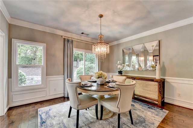 510 Elgaen Ct, Roswell, GA 30075 - dining area with plenty of natural light, wood-type flooring, ornamental molding, a wainscoted wall, and a chandelier