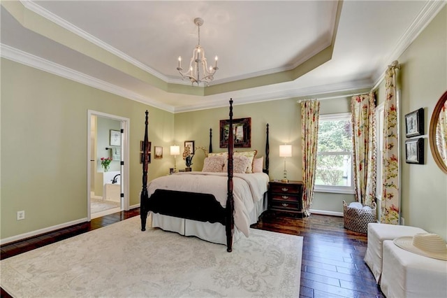 510 Elgaen Ct, Roswell, GA 30075 - bedroom featuring a chandelier, ornamental molding, dark wood-style floors, and a raised ceiling