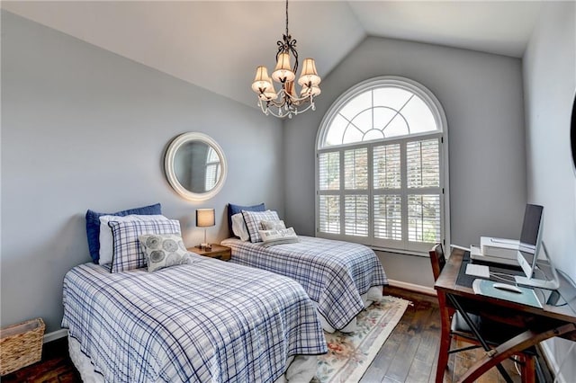 510 Elgaen Ct, Roswell, GA 30075 - bedroom with a chandelier, lofted ceiling, a desk, and wood finished floors