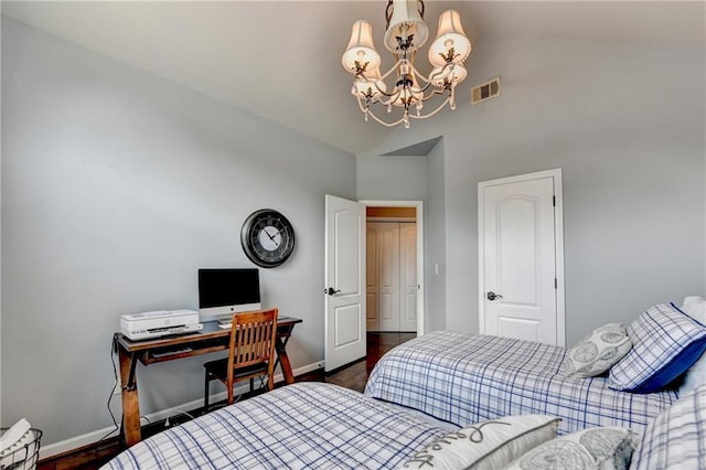 510 Elgaen Ct, Roswell, GA 30075 - bedroom with a chandelier, high vaulted ceiling, dark wood-style floors, and a desk