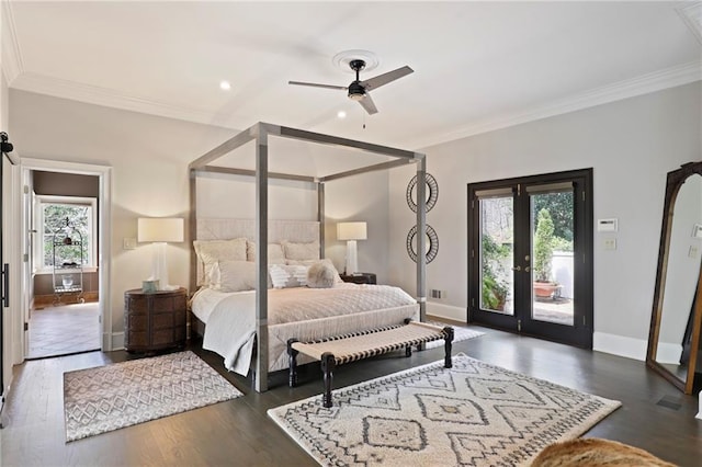 bedroom with access to exterior, ceiling fan, dark wood-type flooring, and multiple windows