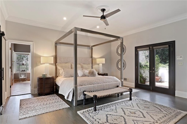 bedroom with french doors, dark hardwood / wood-style floors, access to exterior, ceiling fan, and crown molding