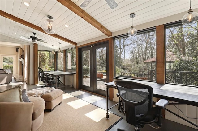 sunroom featuring french doors, ceiling fan, and vaulted ceiling with beams