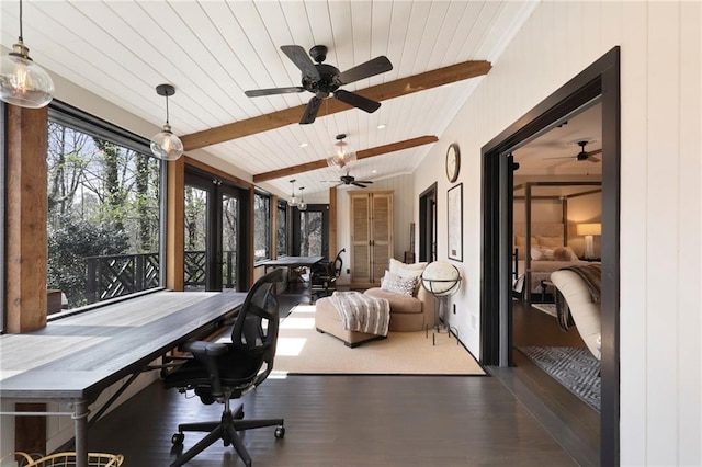 interior space featuring ceiling fan, dark wood-type flooring, wood ceiling, and beamed ceiling