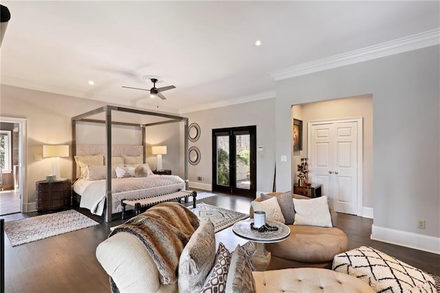 bedroom with access to outside, crown molding, ceiling fan, and dark hardwood / wood-style flooring