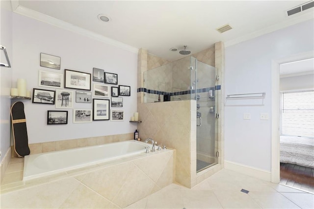 bathroom with crown molding, separate shower and tub, and wood-type flooring