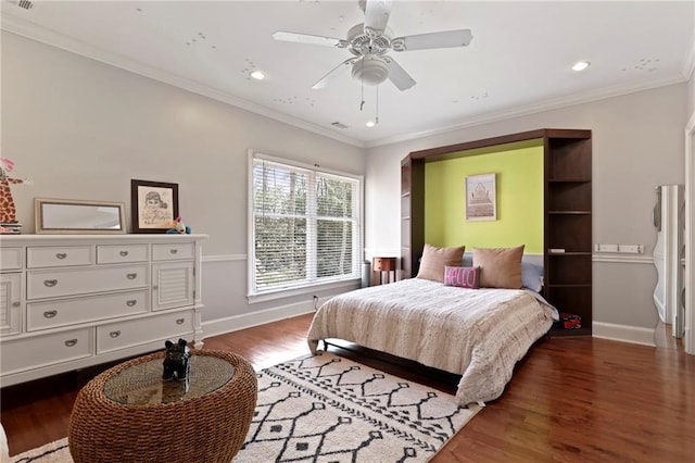 bedroom featuring crown molding, dark hardwood / wood-style flooring, and ceiling fan