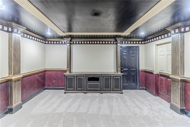 6118 Arbor Links Rd, Lithonia, GA 30058 - home theater featuring carpet flooring, wainscoting, a tray ceiling, and crown molding