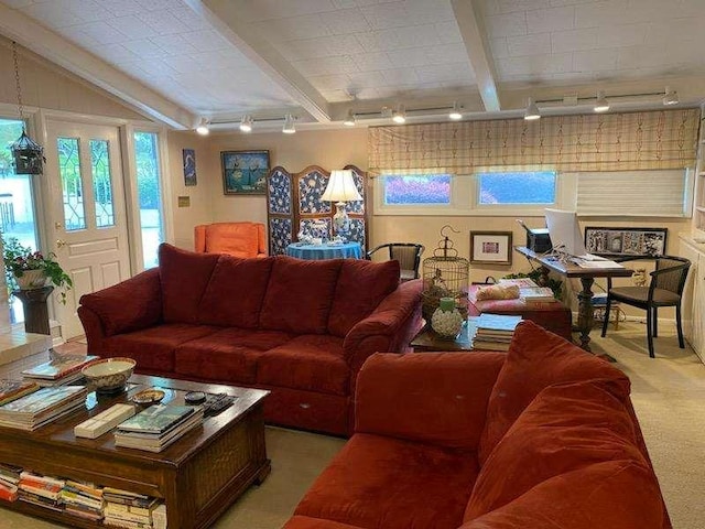 living room featuring rail lighting, light carpet, and beam ceiling