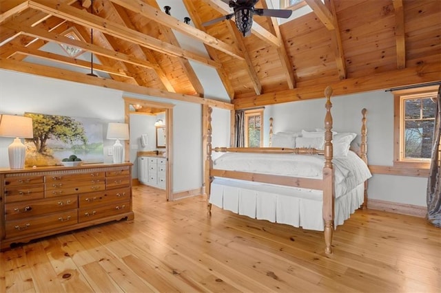 bedroom with high vaulted ceiling, light wood-type flooring, wood ceiling, and beamed ceiling